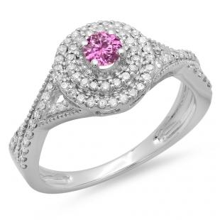 0.60 Carat (ctw) 10K White Gold Round Cut Pink Sapphire & White Diamond Ladies Crossover Swirl Bridal Halo Engagement Ring