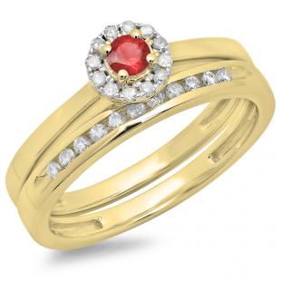 0.33 Carat (ctw) 14K Yellow Gold Round Cut Red Ruby & White Diamond Ladies Bridal Halo Engagement Ring With Matching Band Set 1/3 CT