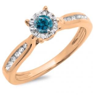 0.40 Carat (ctw) 10K Rose Gold Round Cut Blue & White Diamond Ladies Bridal Solitaire With Accents Engagement Ring
