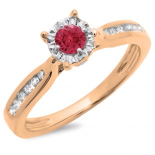 0.40 Carat (ctw) 14K Rose Gold Round Cut Red Ruby & White Diamond Ladies Bridal Solitaire With Accents Engagement Ring