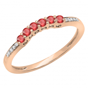 0.25 Carat (ctw) 18K Rose Gold Round Red Ruby & White Diamond Ladies Anniversary Wedding Stackable Band Guard Ring 1/4 CT