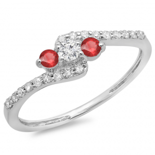 0.33 Carat (ctw) 14K White Gold Round Red Ruby & White Diamond Ladies Swirl Engagement 3 Stone Bridal Ring 1/3 CT
