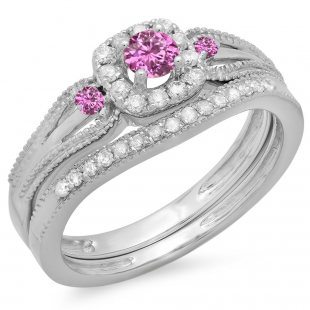 0.50 Carat (ctw) 10K White Gold Round White Diamond and Pink Sapphire Ladies Halo Style Bridal Engagement Ring With Matching Band Set 1/2 CT