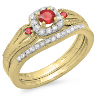 0.50 Carat (ctw) 14K Yellow Gold Round White Diamond and Red Ruby Ladies Halo Style Bridal Engagement Ring With Matching Band Set 1/2 CT