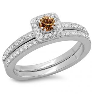 0.50 Carat (ctw) 10K White Gold Round Cut Champagne & White Diamond Ladies Bridal Halo Engagement Ring With Matching Band Set 1/2 CT