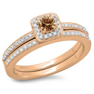 0.50 Carat (ctw) 14K Rose Gold Round Cut Champagne & White Diamond Ladies Bridal Halo Engagement Ring With Matching Band Set 1/2 CT