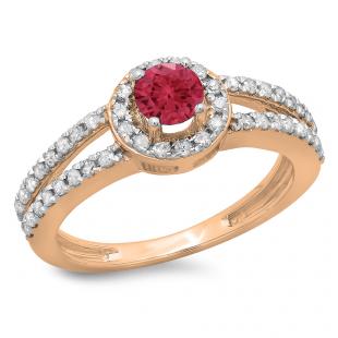0.90 Carat (ctw) 10K Rose Gold Round Cut Red Ruby & White Diamond Ladies Bridal Split Shank Halo Style Engagement Ring
