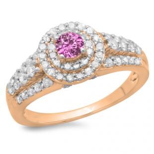 1.00 Carat (ctw) 18K Rose Gold Round Cut Pink Sapphire & White Diamond Ladies Vintage Style Bridal Halo Engagement Ring 1 CT
