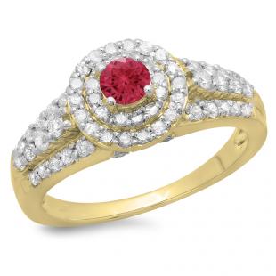 1.00 Carat (ctw) 18K Yellow Gold Round Cut Red Ruby & White Diamond Ladies Vintage Style Bridal Halo Engagement Ring 1 CT