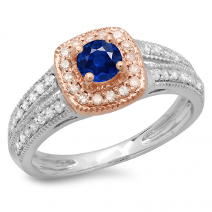 0.75 Carat (ctw) 10K Two Tone Gold Round Cut Blue Sapphire & White Diamond Ladies Split Shank Bridal Halo Engagement Ring 3/4 CT