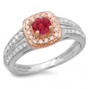 0.75 Carat (ctw) 10K Two Tone Gold Round Cut Red Ruby & White Diamond Ladies Split Shank Bridal Halo Engagement Ring 3/4 CT