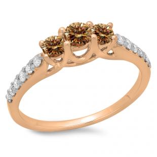 0.75 Carat (ctw) 14K Rose Gold Round Cut Champagne & White Diamond Ladies Bridal 3 Stone Engagement Ring 3/4 CT