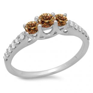0.75 Carat (ctw) 14K White Gold Round Cut Champagne & White Diamond Ladies Bridal 3 Stone Engagement Ring 3/4 CT