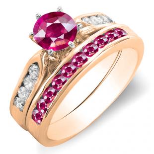 1.00 Carat (ctw) 14K Rose Gold Round Pink Ruby & White Diamond Ladies Bridal Engagement Ring Set With Matching Band 1 CT