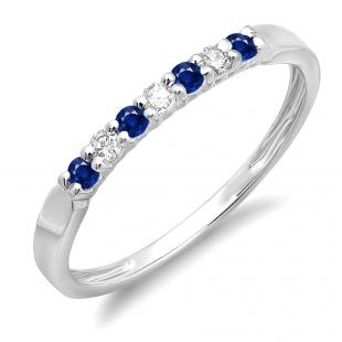 0.25 Carat (ctw) 10K White Gold Round Blue Sapphire & White Diamond Ladies 7 Stone Anniversary Wedding Band Stackable Ring 1/4 CT