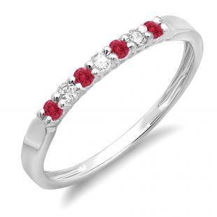 0.25 Carat (ctw) 10K White Gold Round Red Ruby & White Diamond Ladies 7 Stone Anniversary Wedding Band Stackable Ring 1/4 CT