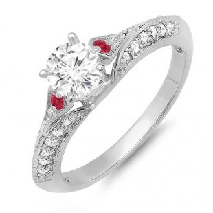 0.85 Carat (ctw) 10K White Gold Round Red Ruby & White Diamond Ladies Bridal Engagement Ring