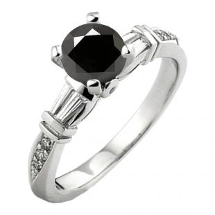 1.33 Carat (ctw) 18K White Gold Round & Baguette Black & White Diamond Ladies Bridal Engagement Ring