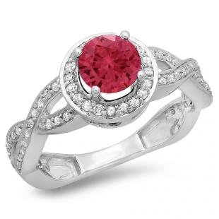 1.50 Carat (ctw) 10K White Gold Round White Diamond & Red Ruby Ladies Bridal Split Shank Halo Engagement Ring 1 1/2 CT