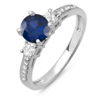 1.33 Carat (ctw) 14K White Gold Round White Diamond & Blue Sapphire Ladies Bridal 3 Stone Engagement Ring