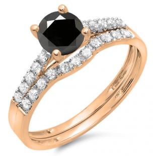 1.25 Carat (ctw) 14K Rose Gold Round White & Black Diamond Ladies Bridal Engagement Ring Matching Band Wedding Sets 1 1/4 CT