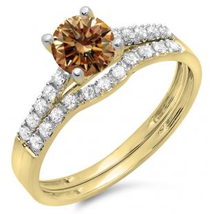 1.25 Carat (ctw) 18K Yellow Gold Round White & Champagne Diamond Ladies Bridal Engagement Ring Matching Band Wedding Sets 1 1/4 CT