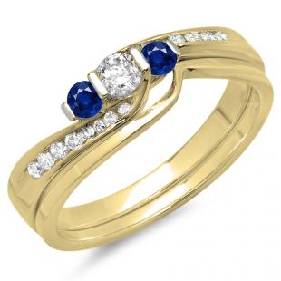 0.45 Carat (ctw) 10K Yellow Gold Round Blue Sapphire & White Diamond Ladies Swirl Bridal 3 Stone Engagement Ring With Matching Band Set 1/2 CT