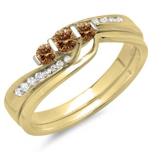 0.45 Carat (ctw) 14K Yellow Gold Round Champagne & White Diamond Ladies Swirl Bridal 3 Stone Engagement Ring With Matching Band Set 1/2 CT