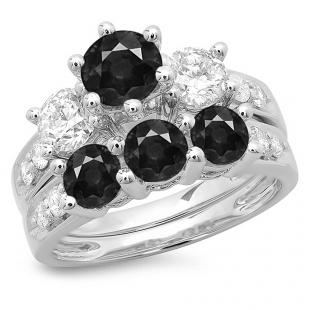 3.10 Carat (ctw) 18K White Gold Round Black & White Diamond Ladies Bridal 3 Stone Engagement Ring With Matching Band Set 3 1/10 CT