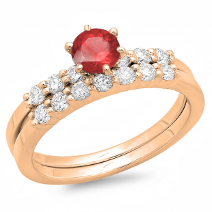 1.00 Carat (ctw) 10K Rose Gold Round Red Ruby & White Diamond Ladies Bridal Engagement Ring With Matching Band Set 1 CT