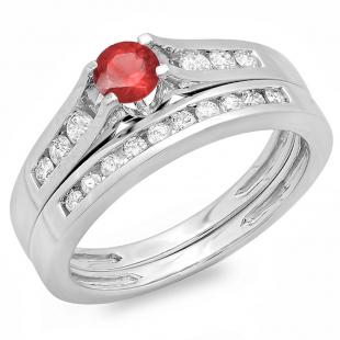 0.75 Carat (ctw) 14K White Gold Round Red Ruby & White Diamond Ladies Bridal Engagement Ring Matching Band Set 3/4 CT