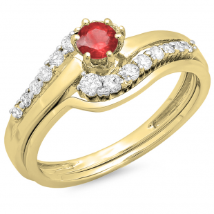 0.55 Carat (ctw) 14K Yellow Gold Round Red Ruby & White Diamond Ladies Twisted Style Bridal Engagement Ring With Matching Band Set 1/2 CT