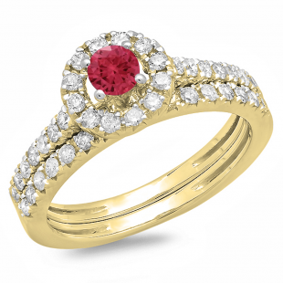 1.00 Carat (ctw) 18K Yellow Gold Round Cut Red Ruby & White Diamond Ladies Bridal Halo Style Engagement Ring With Matching Band Set 1 CT