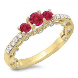 1.15 Carat (ctw) 10K Yellow Gold Round Cut Red Ruby & White Diamond Ladies Bridal Vintage 3 Stone Engagement Ring