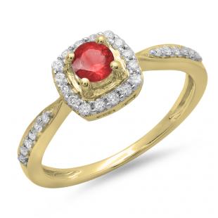 0.50 Carat (ctw) 10K Yellow Gold Round Red Ruby & White Diamond Ladies Halo Style Bridal Engagement Ring 1/2 CT