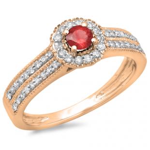 0.50 Carat (ctw) 18K Rose Gold Round Red Ruby  & White Diamond Ladies Bridal Halo Style Cluster Engagement Ring 1/2 CT