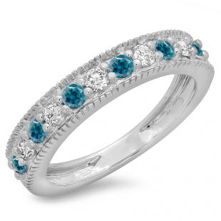 0.50 Carat (ctw) 14K White Gold Round Cut Blue & White Diamond Ladies Milgrain Anniversary Wedding Stackable Band 1/2 CT