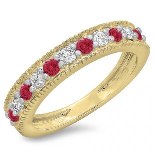 0.50 Carat (ctw) 18K Yellow Gold Round Cut Red Ruby & White Diamond Ladies Milgrain Anniversary Wedding Stackable Band 1/2 CT