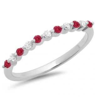 0.25 Carat (ctw) 10K White Gold Round Red Ruby & White Diamond Ladies 11 Stone Anniversary Wedding Stackable Band 1/4 CT