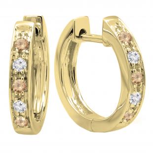 0.15 Carat (ctw) Round Champagne & White Diamond Single Row Hoop Earrings in 18K Yellow Gold