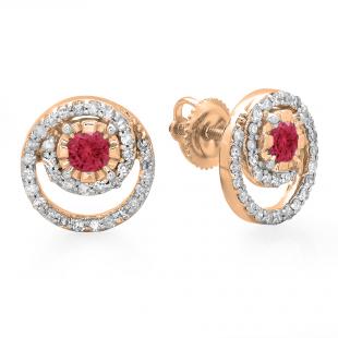 0.80 Carat (ctw) 18K Rose Gold Round Cut Red Ruby & White Diamond Ladies Cluster Swirl Stud Earrings 3/4 CT