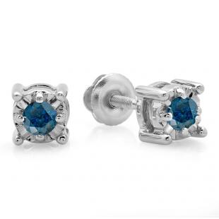 0.20 Carat (ctw) Sterling Silver Round Cut Blue Diamond Ladies Solitaire Bezel Set Stud Earrings 1/5 CT