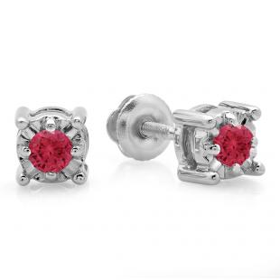 0.20 Carat (ctw) Sterling Silver Round Cut Red Ruby Ladies Solitaire Bezel Set Stud Earrings 1/5 CT