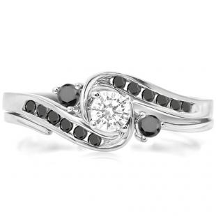 0.50 Carat (ctw) 10k White Gold Round Black And White Diamond Ladies Swirl Bridal Engagement Ring Matching Band Set 1/2 CT