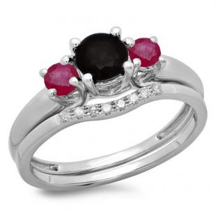 1.15 Carat (ctw) 10K White Gold Round Cut Red Ruby Black & White Diamond Ladies Bridal 3 Stone Engagement Ring With Matching Wedding Band Set