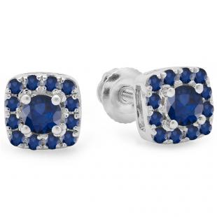 0.50 Carat (ctw) 10K White Gold Round Cut Blue Sapphire Ladies Square Frame Halo Stud Earrings 1/2 CT