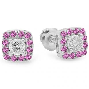0.50 Carat (ctw) 18K White Gold Round Cut Pink Sapphire & White Diamond Ladies Square Frame Halo Stud Earrings 1/2 CT