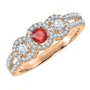 0.50 Carat (ctw) 18K Rose Gold Round Red Ruby & White Diamond Ladies 3 Stone Split Shank Engagement Bridal Ring 1/2 CT
