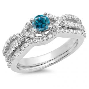 1.00 Carat (ctw) 14K White Gold Round Cut Blue & White Diamond Ladies Bridal Swirl Split Shank Engagement Ring With Matching Band Set 1 CT