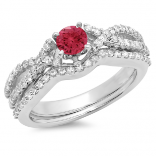 1.00 Carat (ctw) 10K White Gold Round Cut Red Ruby & White Diamond Ladies Bridal Swirl Split Shank Engagement Ring With Matching Band Set 1 CT